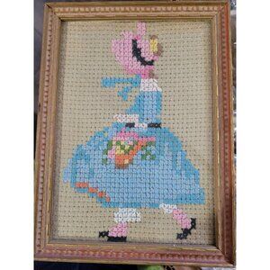 Handmade Cross Stitch Sampler Girl Bonnet Dress Pantaloons Framed Vtg 6x8 in